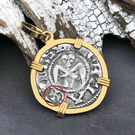 Templar Knights Era French Healing Angel Silver Denier 14K Gold Pendant