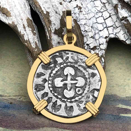 Templar Knights Era French Healing Angel Silver Denier 14K Gold Pendant