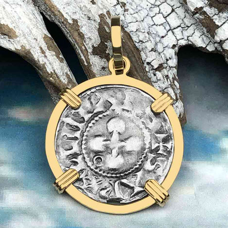 Templar Knights Era French Healing Angel Silver Denier 14K Gold Pendant