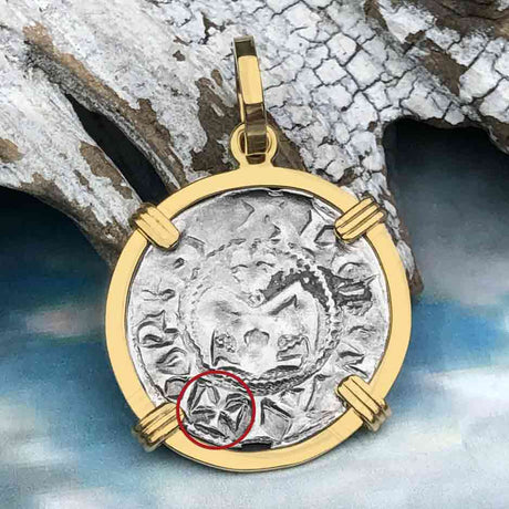 Templar Knights Era French Healing Angel Silver Denier 14K Gold Pendant