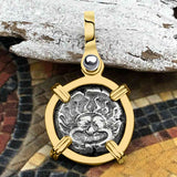 Ancient Greek Gorgon & Anchor Symbols of Protection & Hope Silver Drachm 400 BC 14K Gold Pendant