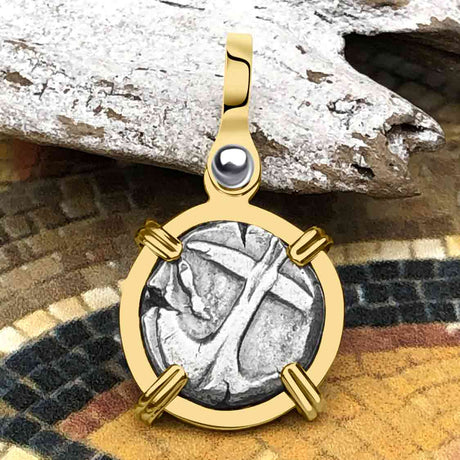 Ancient Greek Gorgon & Anchor Symbols of Protection & Hope Silver Drachm 400 BC 14K Gold Pendant