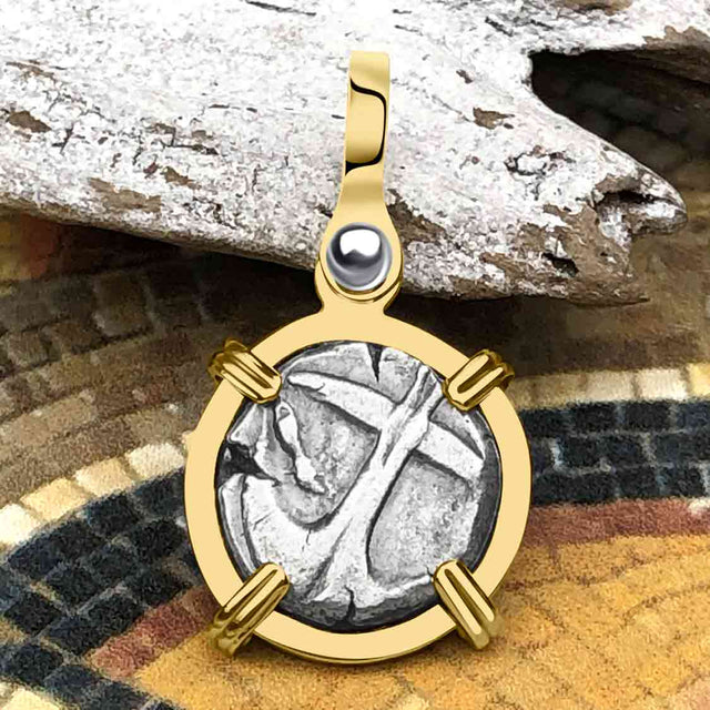 Ancient Greek Gorgon & Anchor Symbols of Protection & Hope Silver Drachm 400 BC 14K Gold Pendant