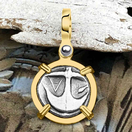 Ancient Greek Gorgon & Anchor Symbols of Protection & Hope Silver Drachm 400 BC 14K Gold Pendant