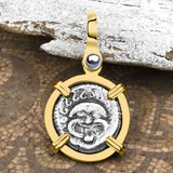 Ancient Greek Gorgon & Anchor Symbols of Protection & Hope Silver Drachm 400 BC 14K Gold Pendant