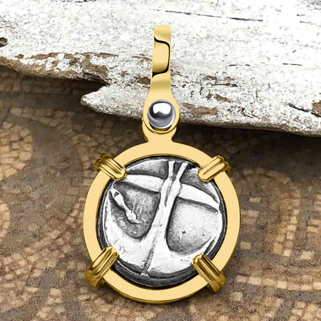 Ancient Greek Gorgon & Anchor Symbols of Protection & Hope Silver Drachm 400 BC 14K Gold Pendant