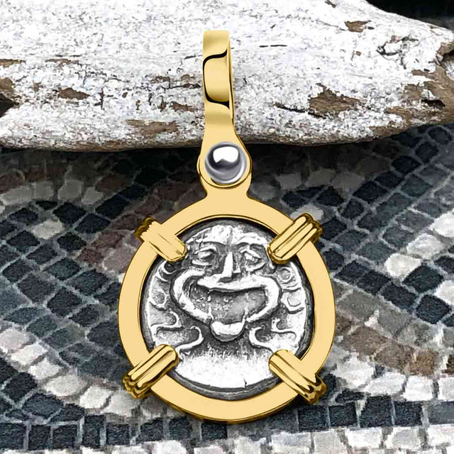 Ancient Greek Gorgon & Anchor Symbols of Protection & Hope Silver Drachm 400 BC 14K Gold Pendant