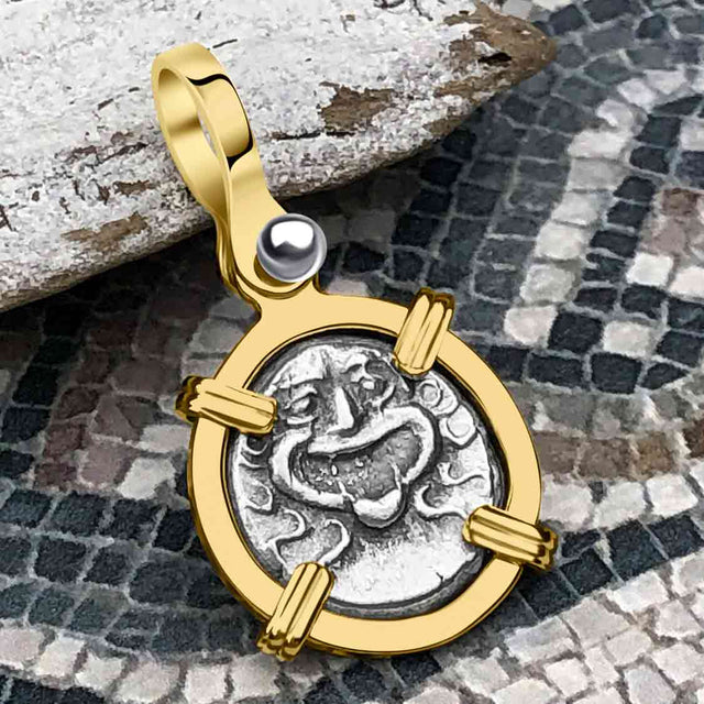 Ancient Greek Gorgon & Anchor Symbols of Protection & Hope Silver Drachm 400 BC 14K Gold Pendant