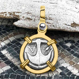 Ancient Greek Gorgon & Anchor Symbols of Protection & Hope Silver Drachm 400 BC 14K Gold Pendant