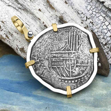 Mel Fisher's Atocha 4 Reale Cob Shipwreck Coin Piece of 8 14K Gold & Sterling Silver Pendant