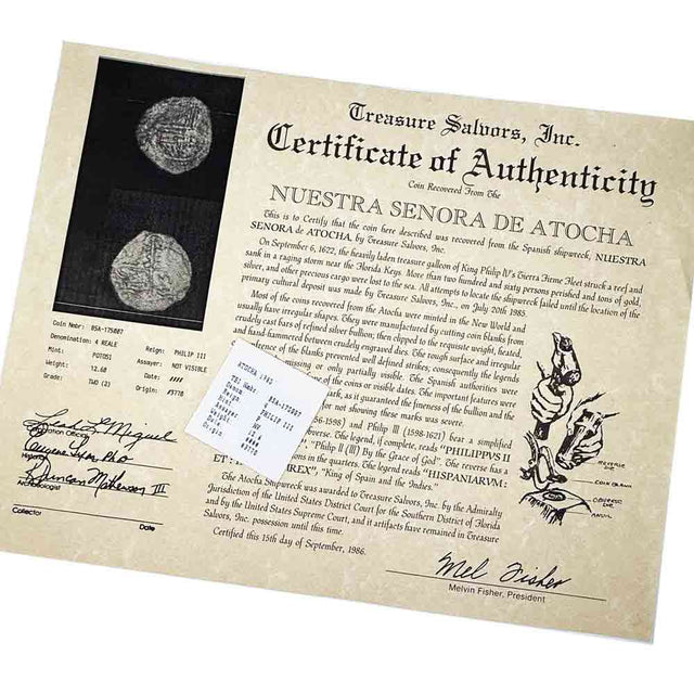 Official Certificate of Authenticity from Treasure Salvors, Inc. for Nuestra Senora de Atocha coins.