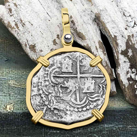 STUNNING Mel Fisher's Atocha Rare 2 Reale Cob Shipwreck Coin Piece of 8 14K Gold Pendant