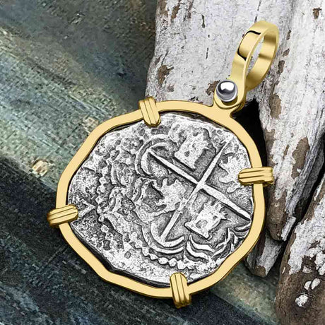 STUNNING Mel Fisher's Atocha Rare 2 Reale Cob Shipwreck Coin Piece of 8 14K Gold Pendant