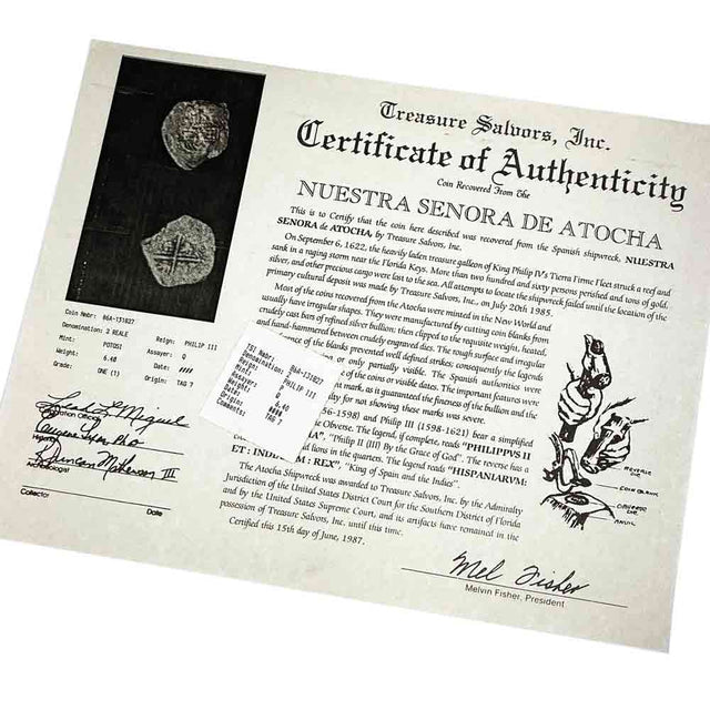 Mel Fisher Certificate of Authenticity for treasure salvaged from Nuestra Senora de Atocha