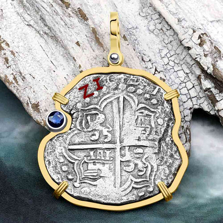 Dated Mel Fisher's Atocha 8 Reale Shipwreck Coin 14K Gold Pendant with Blue Sapphire - Rare Diver's Division