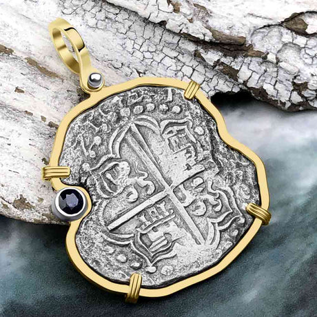 Dated Mel Fisher's Atocha 8 Reale Shipwreck Coin 14K Gold Pendant with Blue Sapphire - Rare Diver's Division