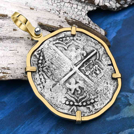 Mel Fisher's Atocha 8 Reale Shipwreck Coin 14K Gold Pendant - Rare Treasure Chest Bag Marks