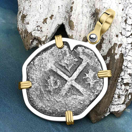 Princess Louisa Shipwreck Dated 1732 2 Reale Piece of Eight 14K Gold and Sterling Silver Pendant