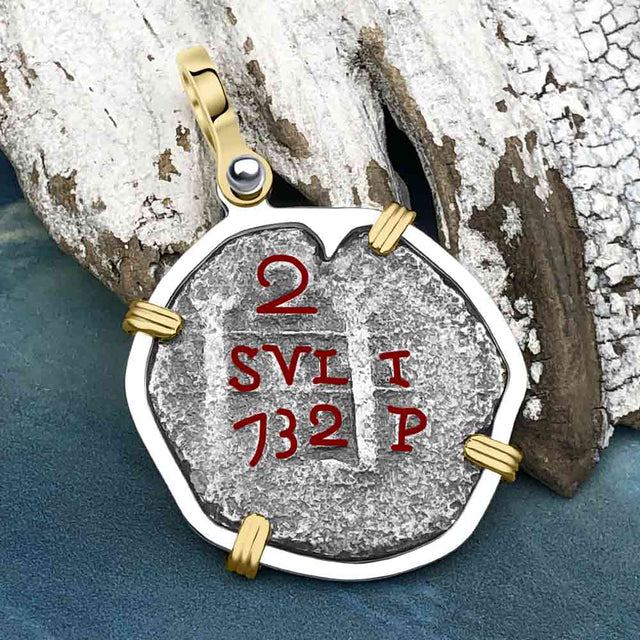 Princess Louisa Shipwreck Dated 1732 2 Reale Piece of Eight 14K Gold and Sterling Silver Pendant
