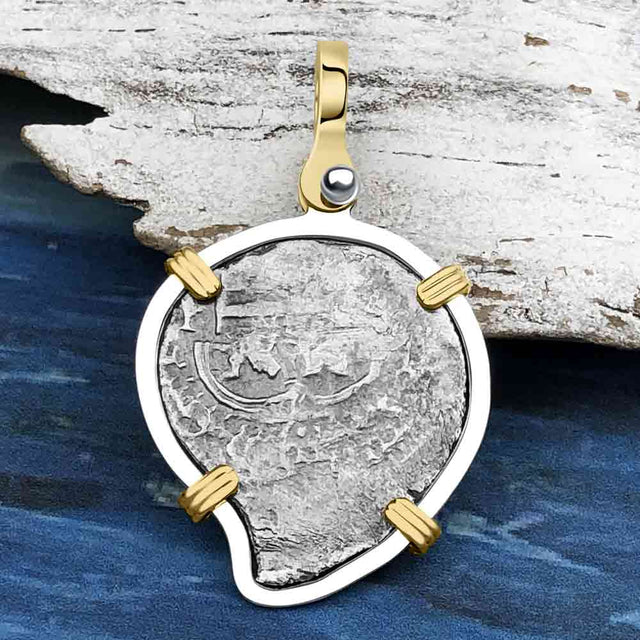 Heart Shaped 1677 Consolacion Shipwreck Pirate Era Spanish 1 Reale Piece of Eight 14K Gold & Sterling Silver Pendant