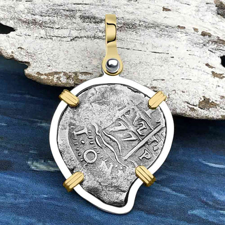 Heart Shaped 1677 Consolacion Shipwreck Pirate Era Spanish 1 Reale Piece of Eight 14K Gold & Sterling Silver Pendant