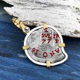 Heart Shaped 1677 Consolacion Shipwreck Pirate Era Spanish 1 Reale Piece of Eight 14K Gold & Sterling Silver Pendant
