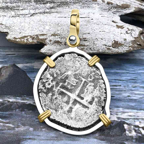 Rare Dated 1715 Fleet Shipwreck Spanish 1 Reale "Piece of 8" 14K Gold and Sterling Silver Pendant 