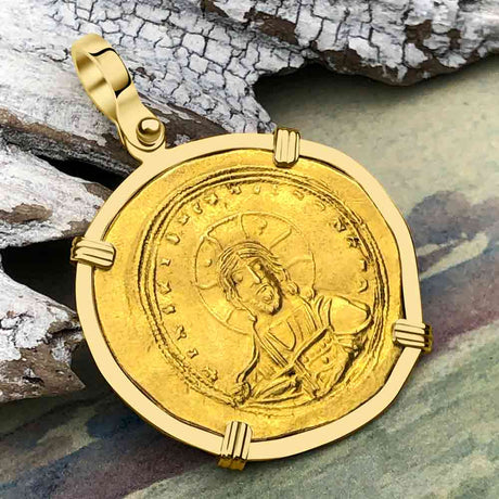 Byzantine Jesus Christ King of Kings 23K Gold Nomisma Coin Circa 1042 AD 18K Gold Pendant