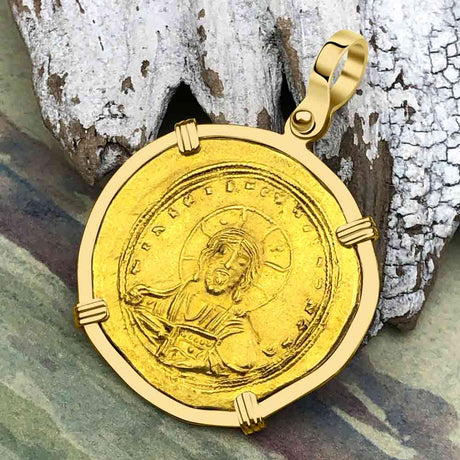 Byzantine Jesus Christ King of Kings 23K Gold Nomisma Coin Circa 1042 AD 18K Gold Pendant