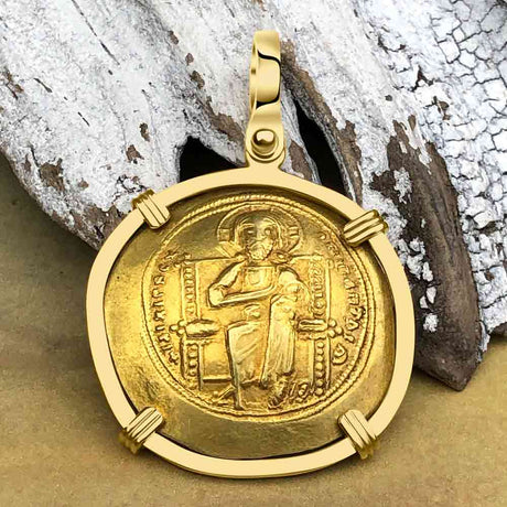 Byzantine Jesus Christ King of Kings Gold Histamenon Nomisma Coin Circa 1059 AD 18K Gold Pendant