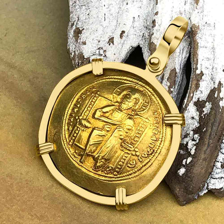 Byzantine Jesus Christ King of Kings Gold Histamenon Nomisma Coin Circa 1059 AD 18K Gold Pendant