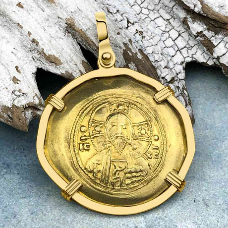 Byzantine Jesus Christ Histamenon Gold Coin Circa 1071 AD 18K Gold Pendant