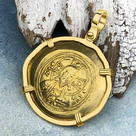 Byzantine Jesus Christ Histamenon Gold Coin Circa 1071 AD 18K Gold Pendant