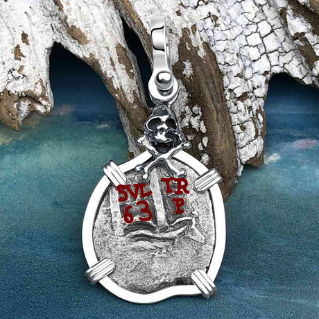 1663 Consolacion Shipwreck Skull and Cross Bones Spanish 1 Reale Piece of Eight Sterling Silver Pendant