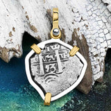 Heart Shaped 1653 Consolacion Shipwreck Pirate Era Spanish 1 Reale Piece of Eight 14K Gold & Sterling Silver Pendant