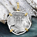 1670 Consolacion Shipwreck Pirate Era Spanish 2 Reale Piece of Eight 14K Gold & Sterling Silver Pendant