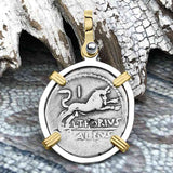 Roman Republic Silver Denarius 105 BC Juno and the Bull 14K Gold and Sterling Silver Pendant