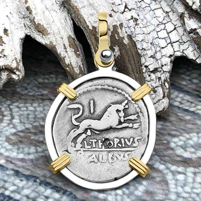 Roman Republic Silver Denarius 105 BC Juno and the Bull 14K Gold and Sterling Silver Pendant