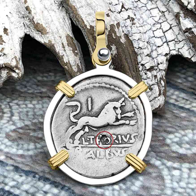 Roman Republic Silver Denarius 105 BC Juno and the Bull 14K Gold and Sterling Silver Pendant