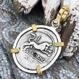 Roman Republic Silver Denarius 105 BC Juno and the Bull 14K Gold and Sterling Silver Pendant