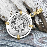 Roman Republic Silver Denarius 105 BC Juno and the Bull 14K Gold and Sterling Silver Pendant