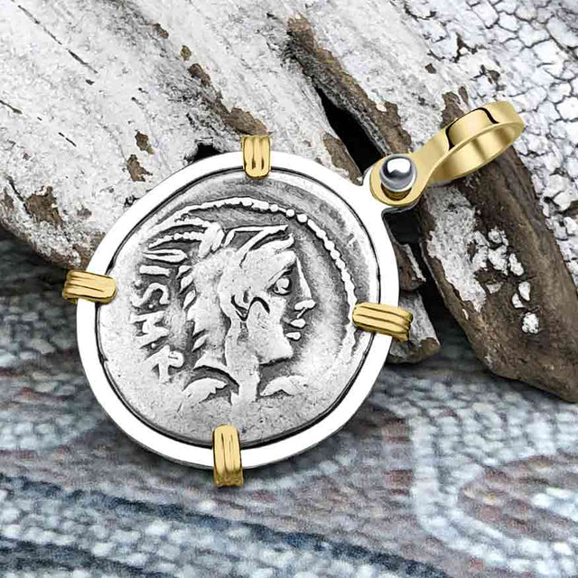 Roman Republic Silver Denarius 105 BC Juno and the Bull 14K Gold and Sterling Silver Pendant