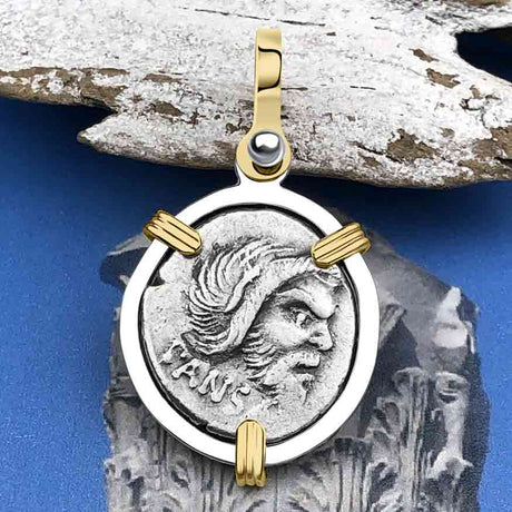 Roman Republic Silver Denarius 48 BC Pan and Jupiter 14K Gold and Sterling Silver Pendant