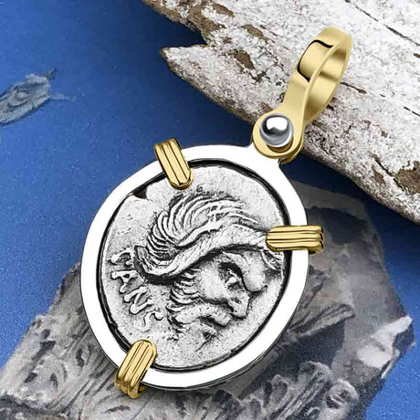Roman Republic Silver Denarius 48 BC Pan and Jupiter 14K Gold and Sterling Silver Pendant