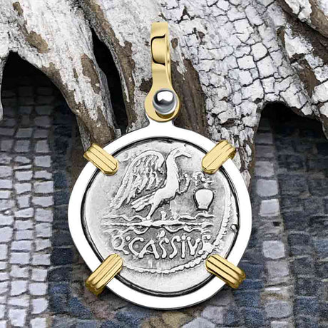 Roman Republic Silver Denarius 55 BC Genius & the Eagle 14K Gold & Sterling Silver Pendant