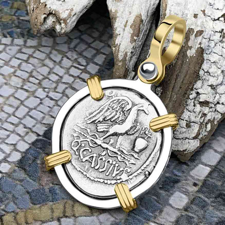 Roman Republic Silver Denarius 55 BC Genius & the Eagle 14K Gold & Sterling Silver Pendant
