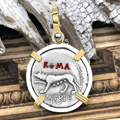Roman Republic Silver Denarius 77 BC Mars and the She Wolf 14K Gold and Sterling Silver Pendant