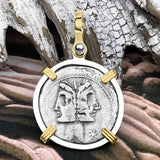 Roman Republic Silver Denarius 114 BC Janus  - the God of Beginnings, Change and Endings 14K Gold and Sterling Silver Pendant 