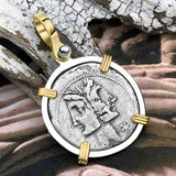 Roman Republic Silver Denarius 114 BC Janus  - the God of Beginnings, Change and Endings 14K Gold and Sterling Silver Pendant 