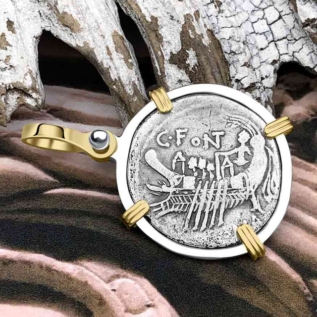 Roman Republic Silver Denarius 114 BC Janus  - the God of Beginnings, Change and Endings 14K Gold and Sterling Silver Pendant 